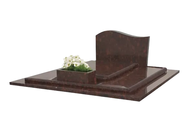 Monument funéraire en granit poli marron avec jardinière et stèle.