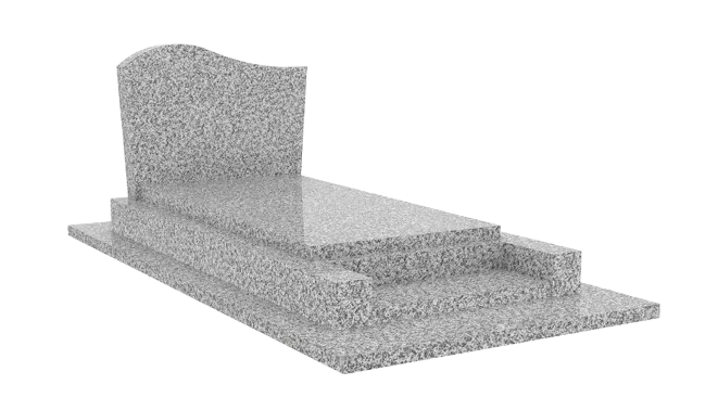 Monument funéraire en granit gris poli avec stèle et motif de vague.