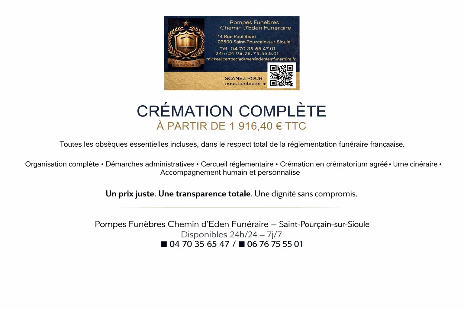 Affiche tarifaire pour crémation complète à Saint-Pourçain-sur-Sioule.