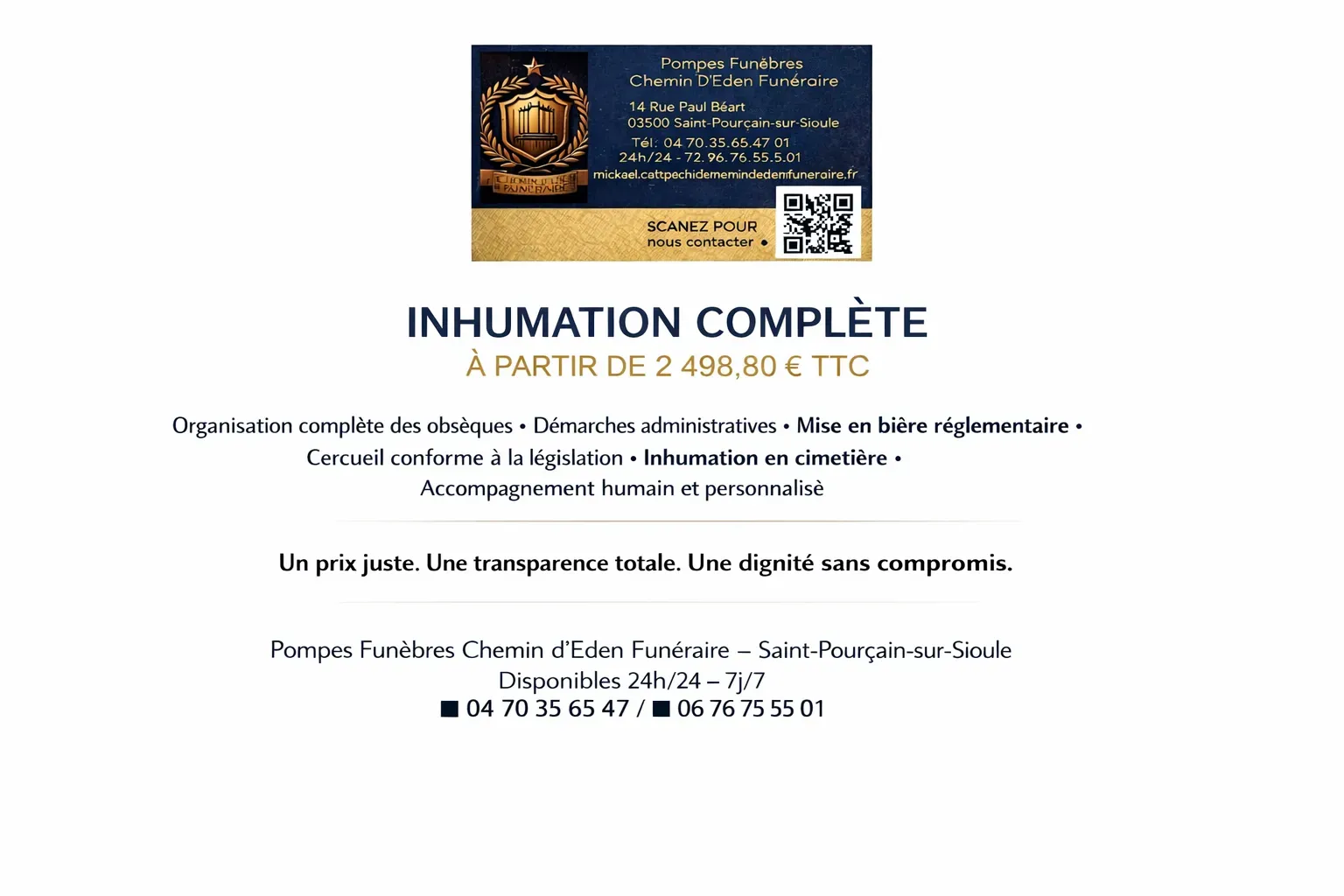 Affiche tarifaire pour inhumation complète à Saint-Pourçain-sur-Sioule.