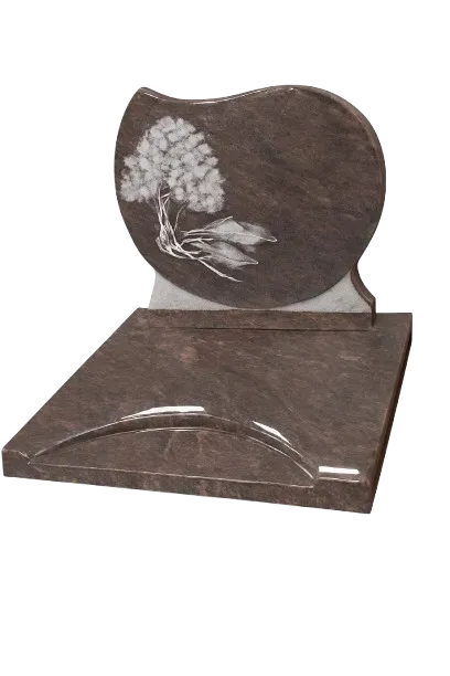 Petite pierre tombale en granit poli avec stèle et gravure d'arbre.