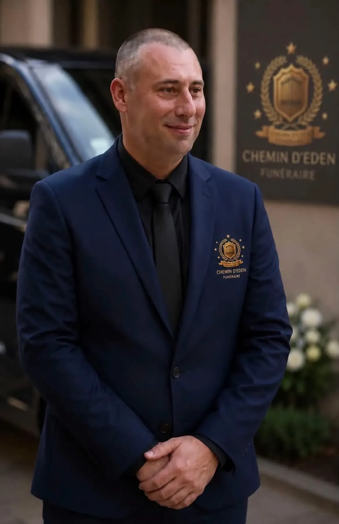 Porte-parole de Chemin D'Eden Funéraire en costume professionnel.