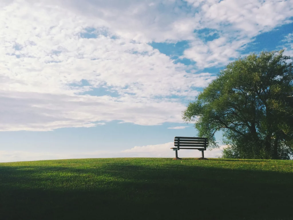 Banc solitaire sur une colline herbeuse sous un ciel nuageux, lieu de recueillement.